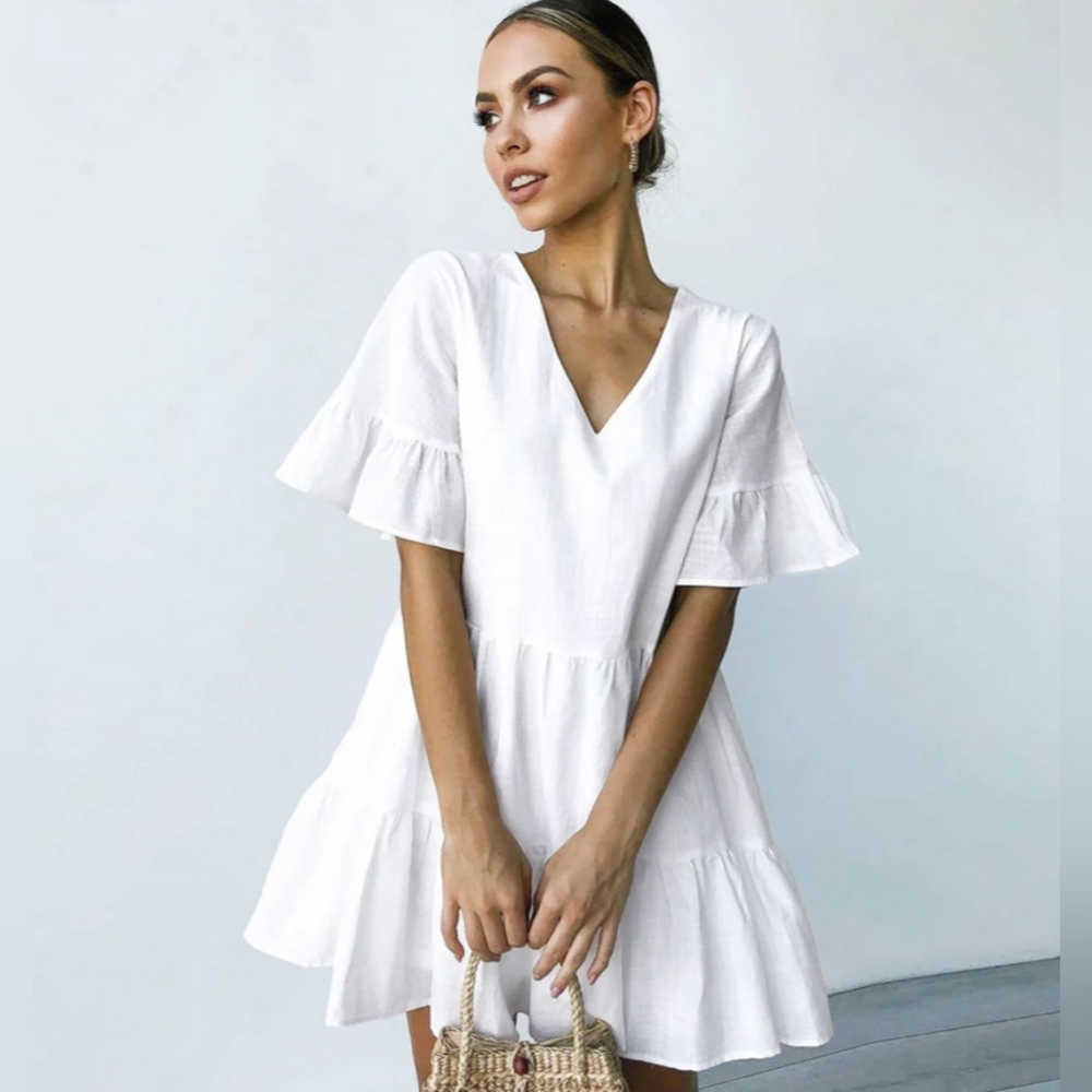 Fancyinn White Tiered Ruffle Babydoll Mini Dress with Pockets Size XL